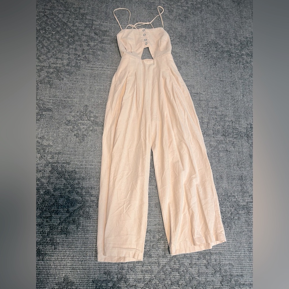 Free People Cream Strappy Wide Leg Jumpsuit Open Back, Peek A Boo Tummy